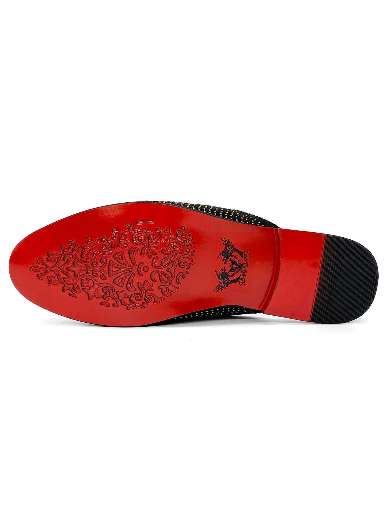 Men's Black Velvet Mules with Allover Gold Rhinestones and Blue Letter Embellishment Luxury Backless Loafers