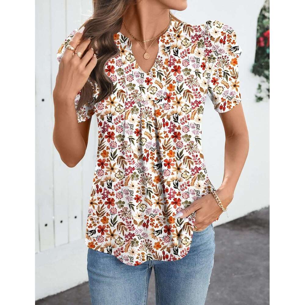 Women's Puff Short Sleeve Shirt V Neck Summer Tops Designer Casual Fashion T Shirts Loose Fit Blouses