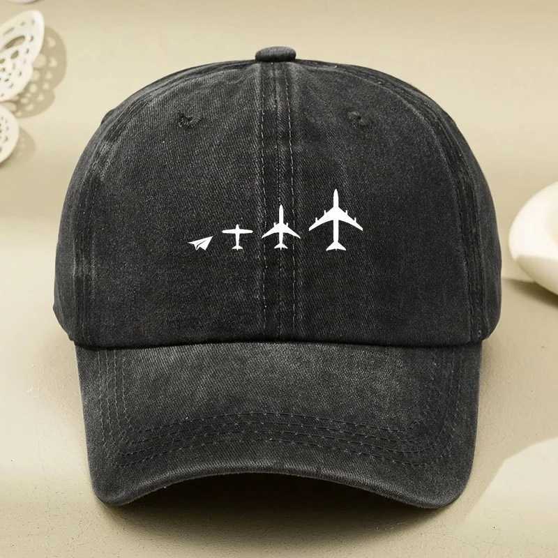Retro airplane print washed baseball cap adjustable for both men and women breathable black casual outdoor activity sun hat S260306