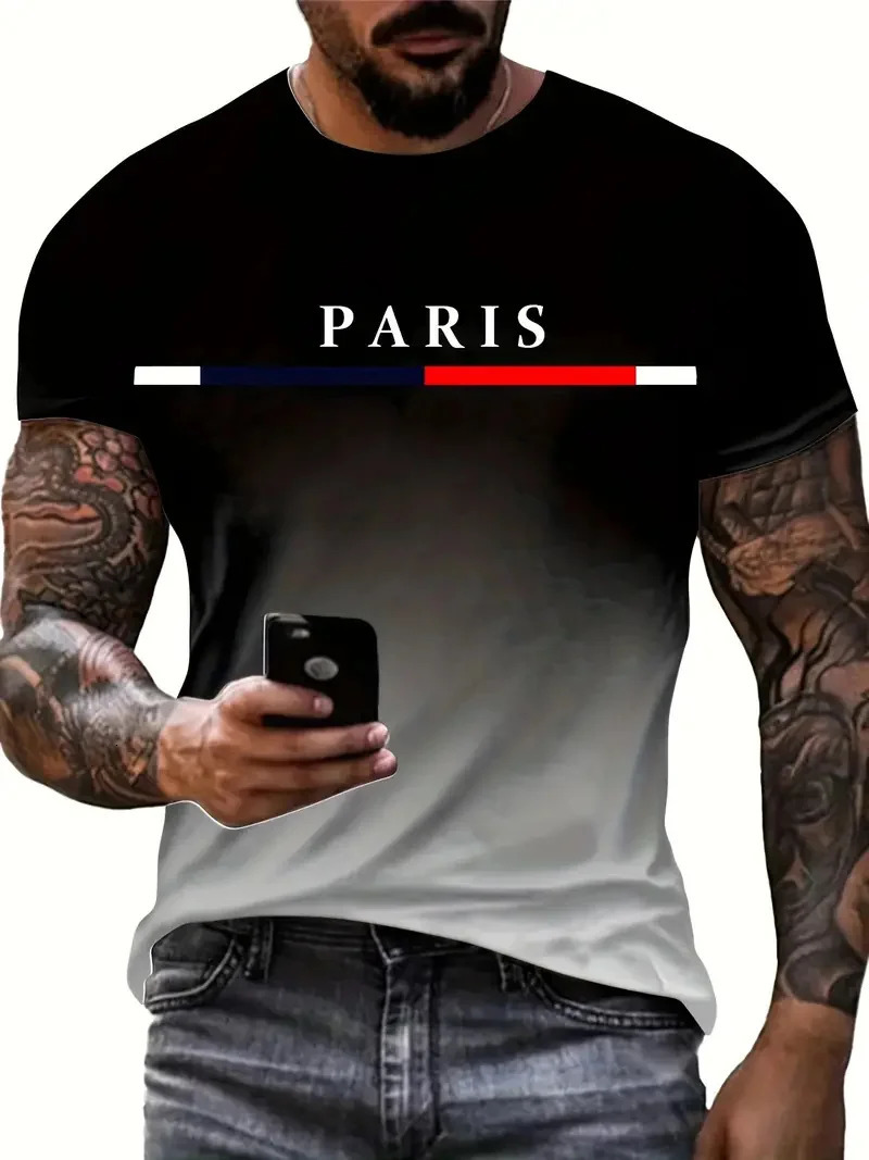 Summer mens gradient Paris letter 3D printed Tshirt for outdoor sports quick drying short sleeved top plus size clothing 260302