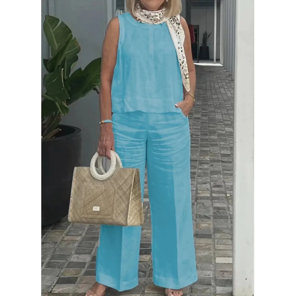 Spring Summer Cotton Linen Solid Color Sleeveless Vest Top Women Pants Suit Casual Pocket Elegant Female Office Retro 2Piece Set 260305