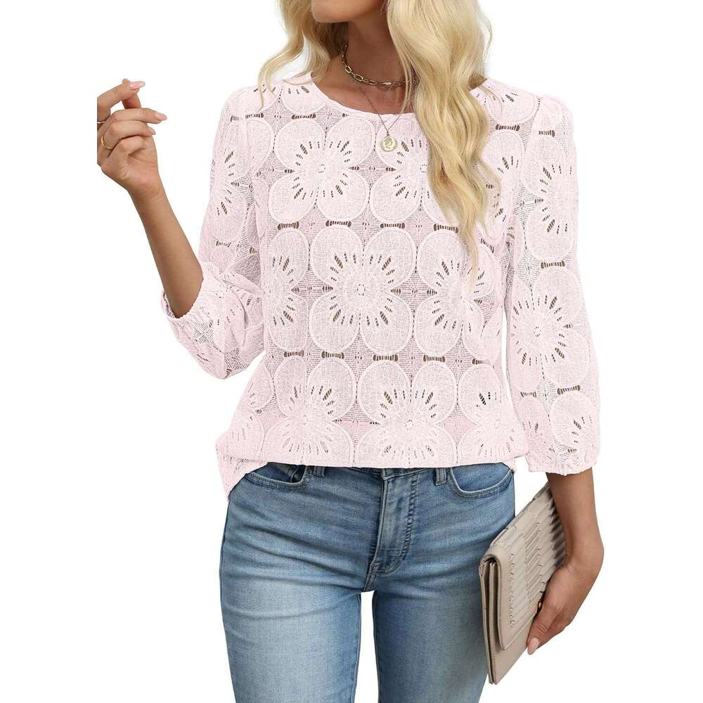Women Blouses Dressy Casual 3/4 Length Sleeve Tops Eyelet Lace Spring Designer Summer Shirts Beach Vacation Clothes