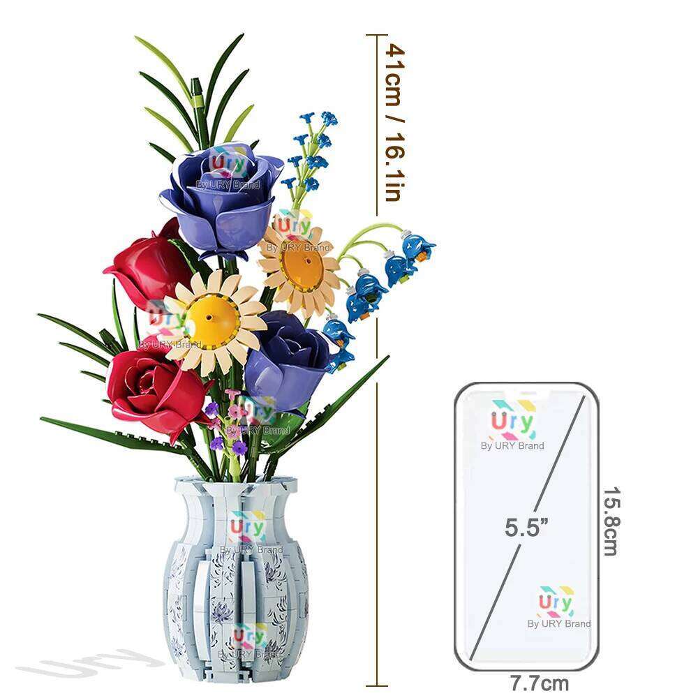 Flower Bouquet 3D Daisy Rose Lily of The Valley with Vase Set Building Block Model Home Decoration Valentine's Day Gift for Girl Z260305