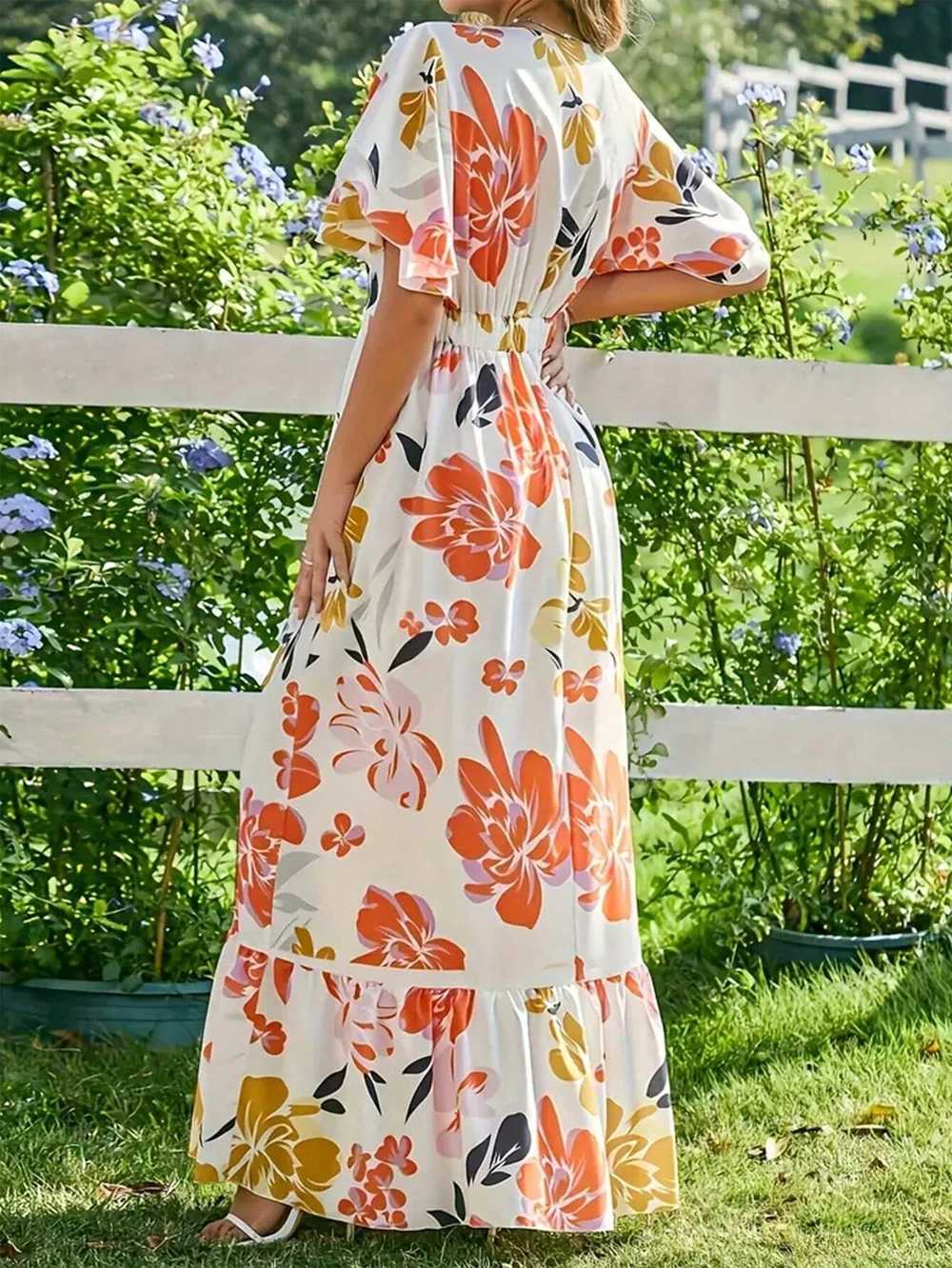 Womens French print frilly short sleeve crew neck dress and floor holiday beachwear X260306