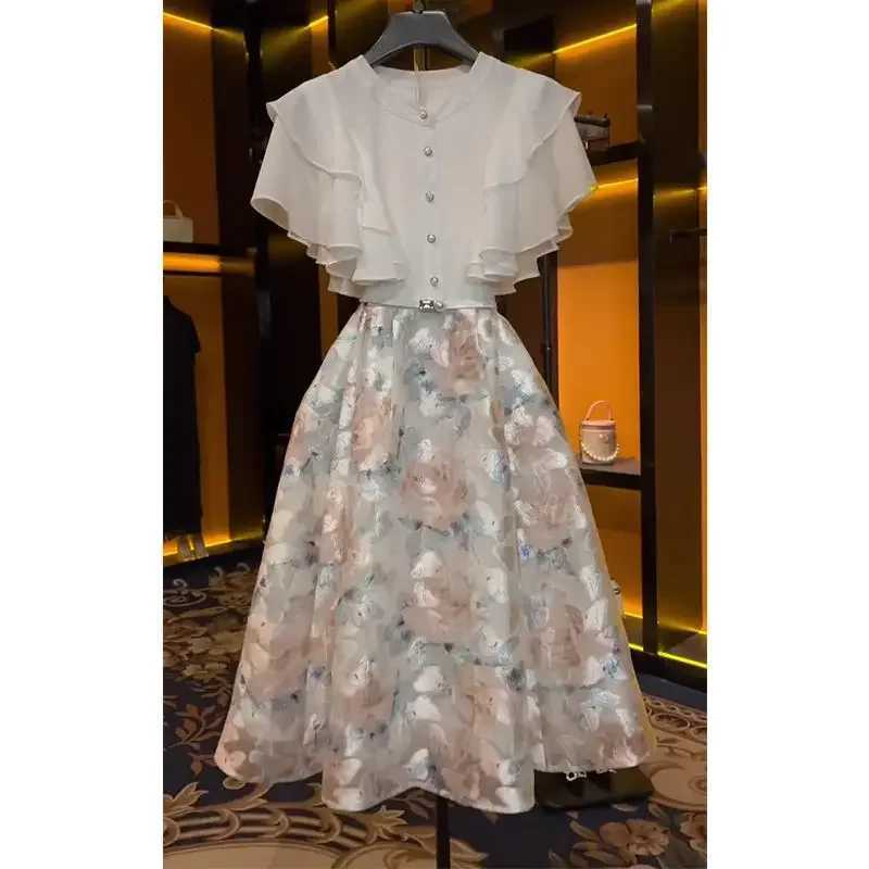 French fashion luxury tulle dress female summer new high-grade sense stitching embroidery temperament lotus leaf sleeve skirt X260306