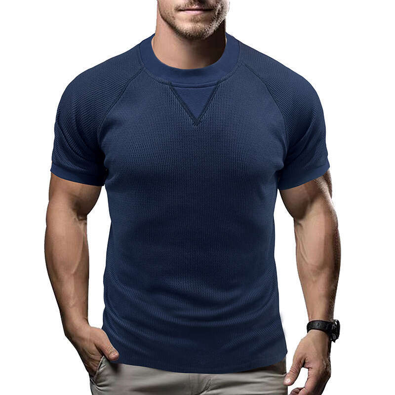 Amazon European and American short-sleeve ribbed crew neck waffle T-shirt top, cross-border men's basic rugged style
