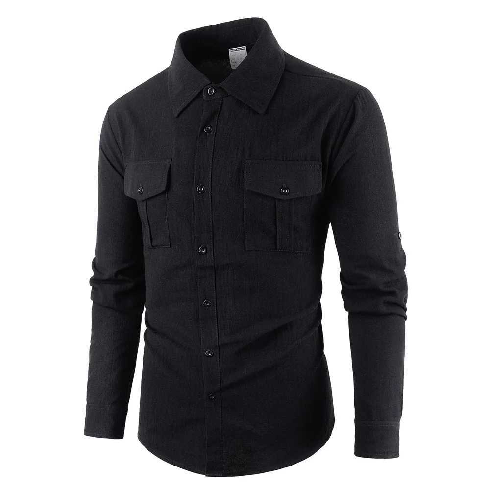 Mens Cargo Shirts Cotton Linen Solid Color Single Breasted Breathable Long Sleeve Shirt Male Casual Button Up M260305