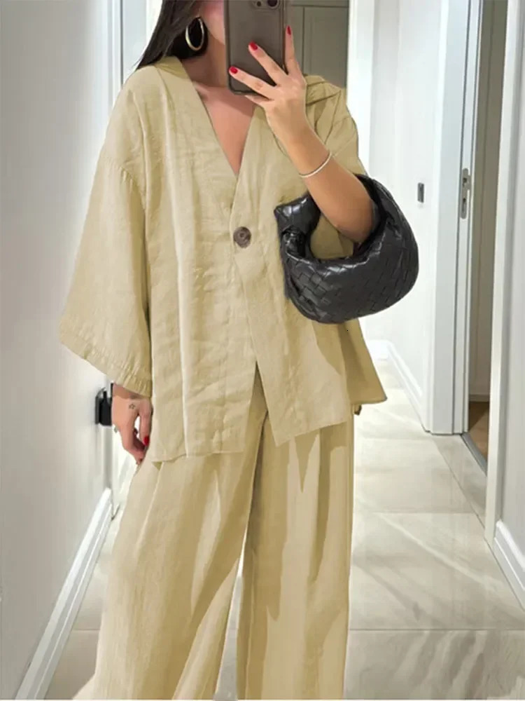 Casual Cotton Linen Loose Long Pants Suits Fashion Half Bubble Sleeve V-neck One Button Shirt Sets Lady Summer Street Outfit 260305