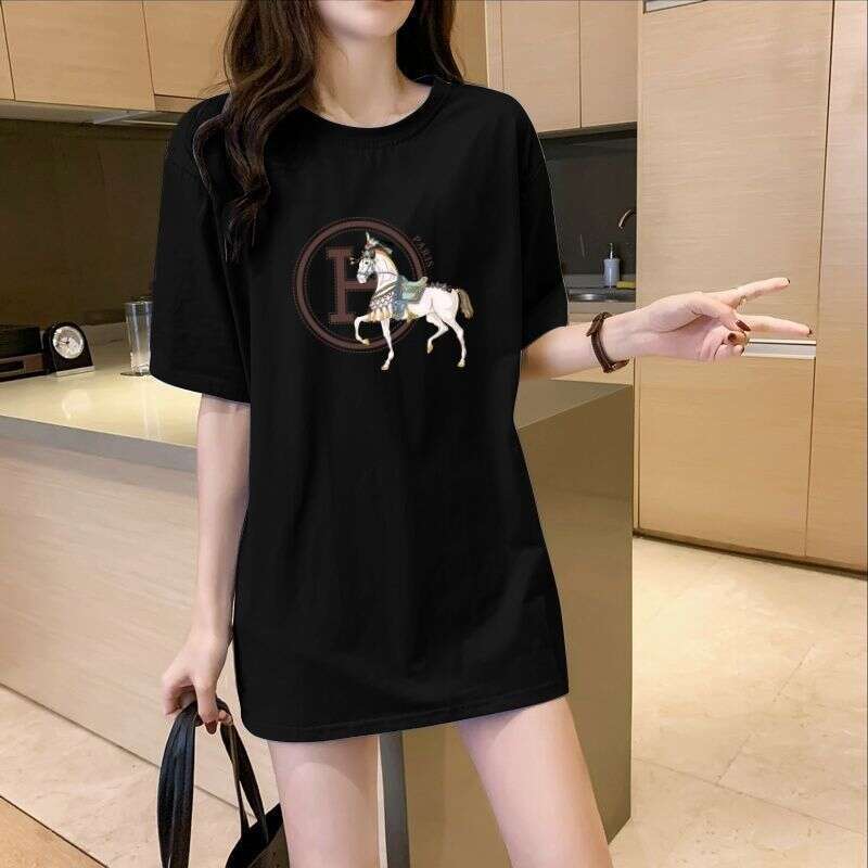 100% Cotton Short-Sleeve T-Shirt For Women, Loose Fit, New Summer Style, Paired With Shark Pants, Mid-Length Top That Covers The Hips, Stylish Asia Si