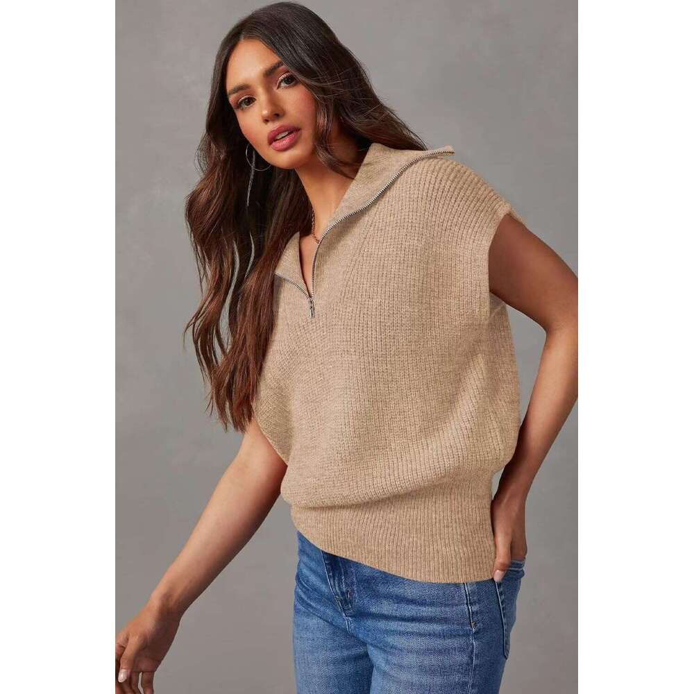 Women's Casual Sleeveless Half Zip Pullover Solid Designer V Neck Collar Ribbed Knitted Loose Sweaters