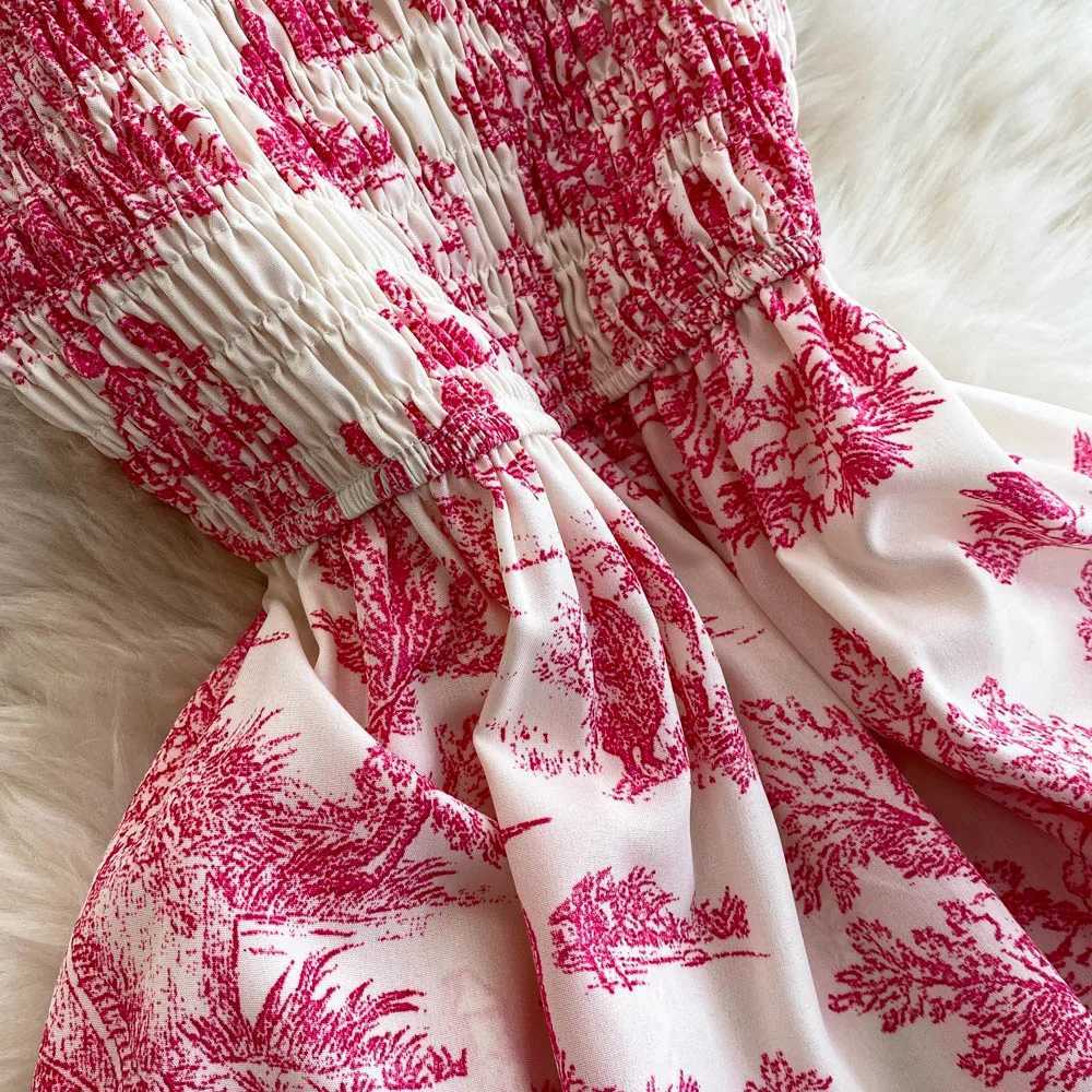 2025 New Summer Pink/Purple Flower Print Romantic Retro Party Dress Elastic High Waist Vacation Long Dress Beach Vestido X260306
