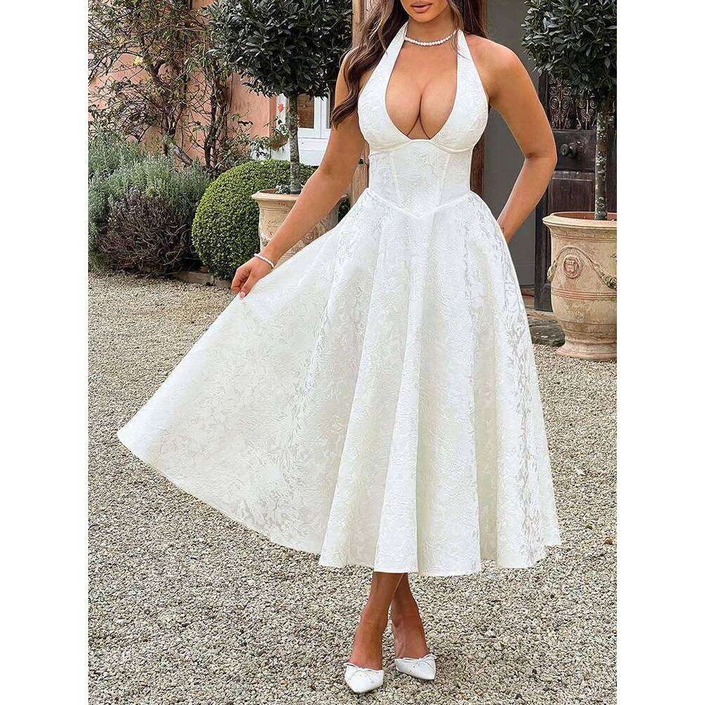 V-Neck Neckline Sleeveless Women's Dress Jacquard Tie Waist Resort Style Long Senior Party Dresses Summer New Mdng260306