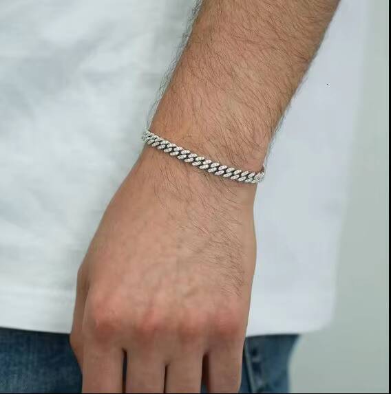 Fashion Jewelry Hip Hop Chain Moissanite Diamond Bracelet 925 Sliver White Gold Cuban Chain