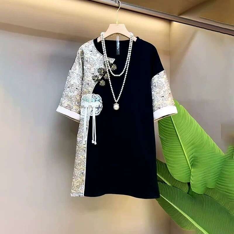 Summer Vintage O-neck Tops Ladies Patchwork Pullovers Women's Clothing Buttons Chinese Style Short Sleeve T-Shirts Chinese Style Age Reducing Fem