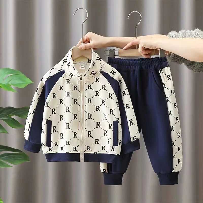 Kids Tracksuits 2Pcs, 2-10Y Boys R Letter Patchwork Cotton Jacket & Pants Set, Spring Autumn Casual Sports OutfitsT260306