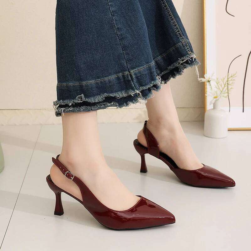 Women Summer Pointed Toe Slingback Heels, Patent Leather Pumps with Adjustable Buckle, Classic Dress Shoes for Party and Office
