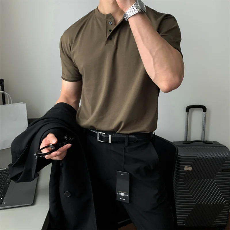 Summer Mens Short Sleeve Henley Neck T Shirts American Retro Casual Beach T-shirts Loose High-Quality Fitness Sports Shirt Tops 260304