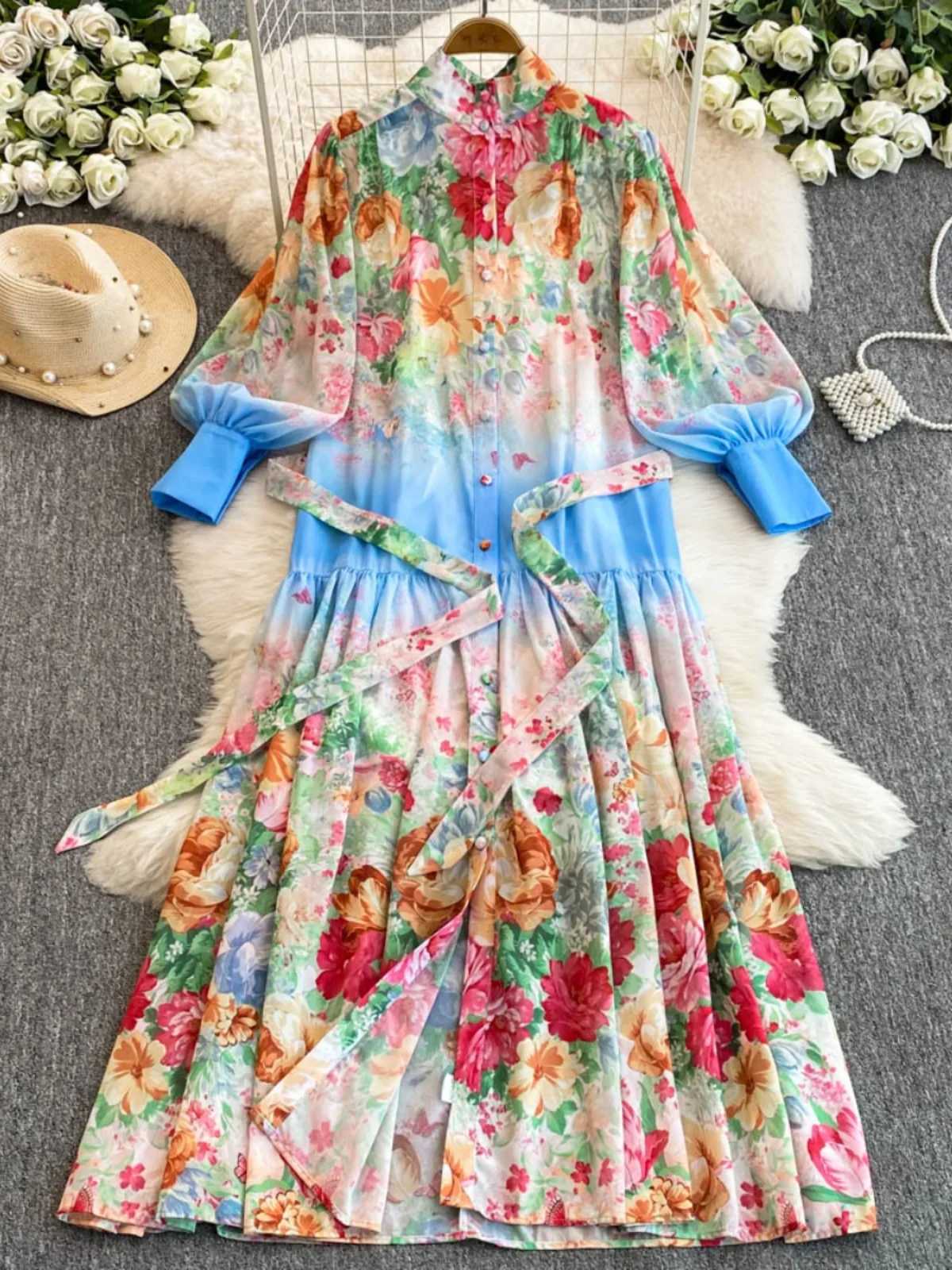 French Court Style Women Dress Spring New Floral Print Slim Waist A-line Big Swing Robe Stand Collar Lantern Sleeve Vintage Ropa X260306