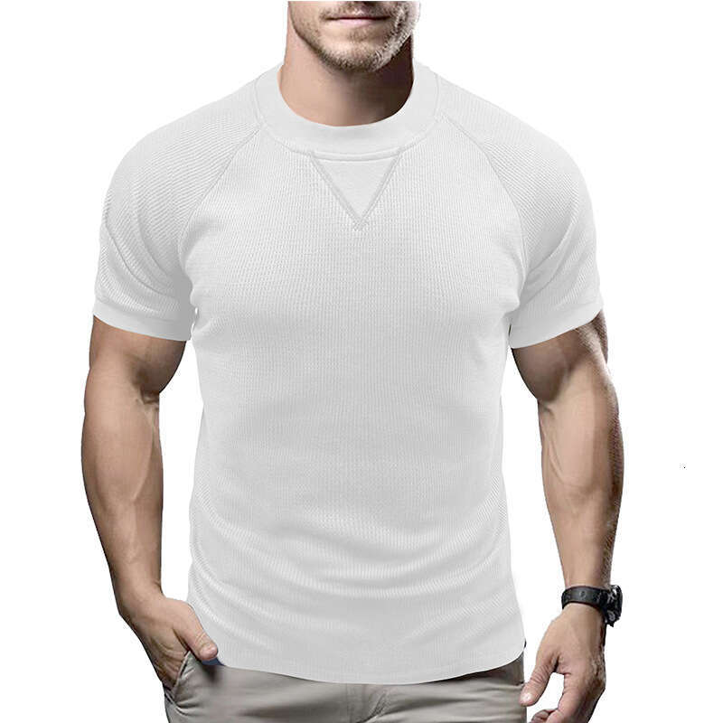 Amazon European and American short-sleeve ribbed crew neck waffle T-shirt top, cross-border men's basic rugged style