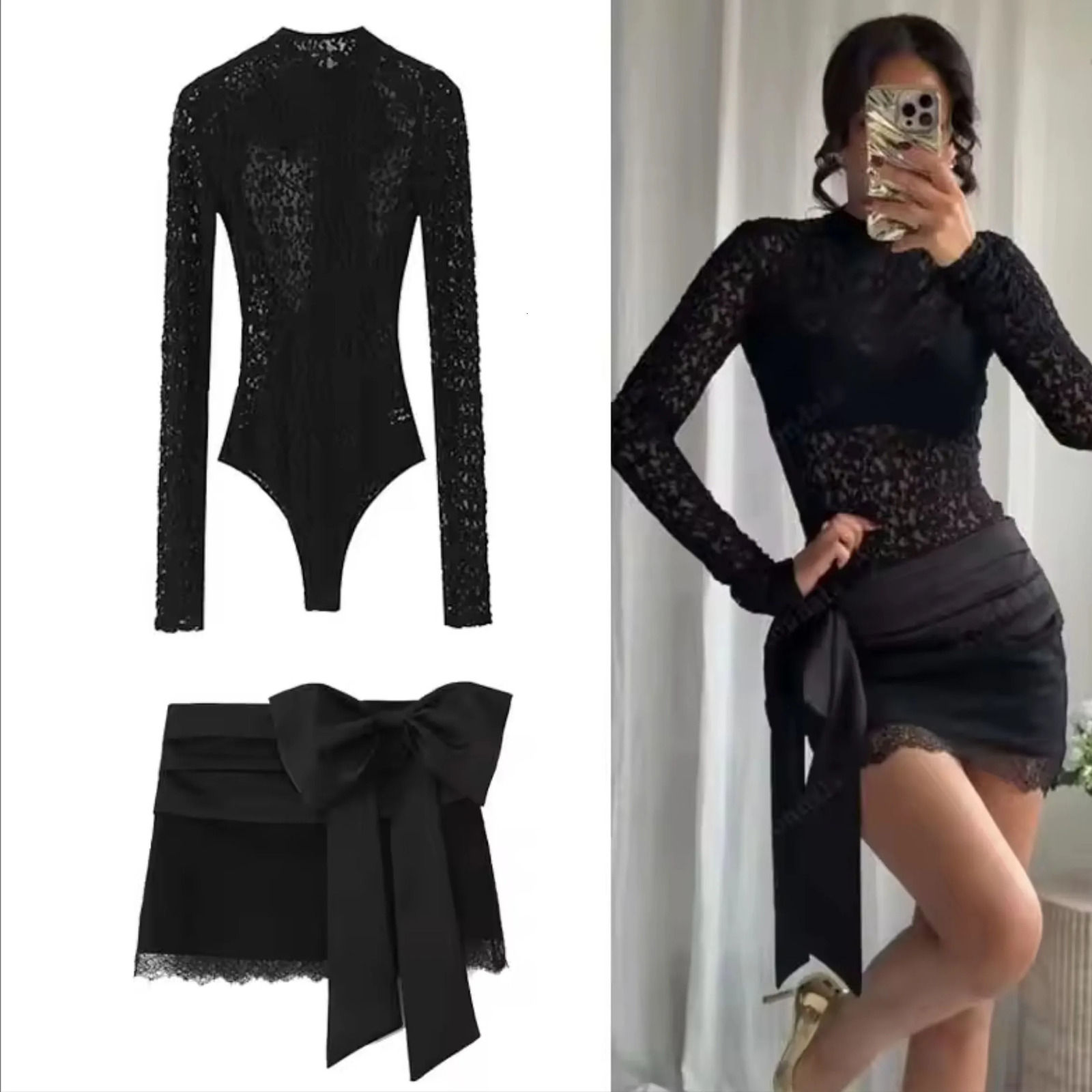 Women Autumn Lace Bodysuit Womens Bodysuit Black Cutwork O-Neck Long Sleeves BodysuitsSplicing Mini Skirt Suit 260304