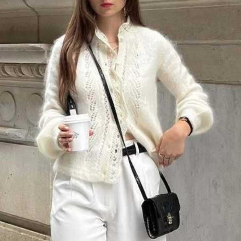 Womens White Cardigan Fashion Hollow Lace Patchwork Loose Sweaters Elegant New Office Basic Autumn Female Cardigan M260306