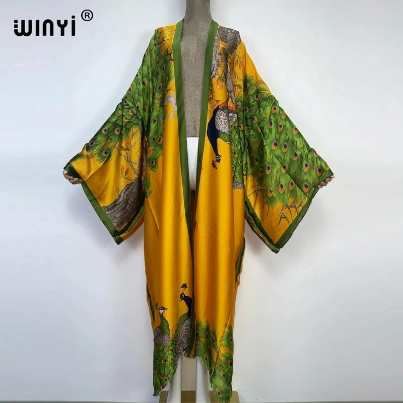 WINYI Summer Women Cardigan stitch Cocktail sexy Boho Maxi African Holiday Batwing Sleeve Silk feeling Robe kimono kaftan 260228