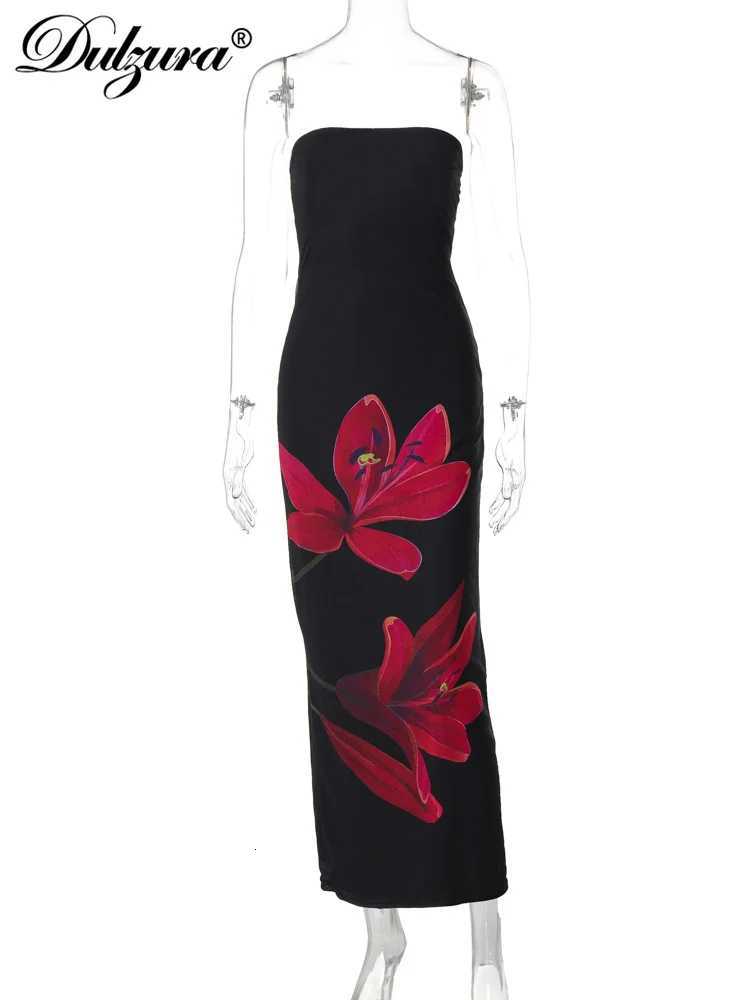Dulzura Sleeveless Flower Print Tube Bodycon Midi Dress Backless Lace Up Elegant Sexy Outfit Party Club Autumn Winter X260306