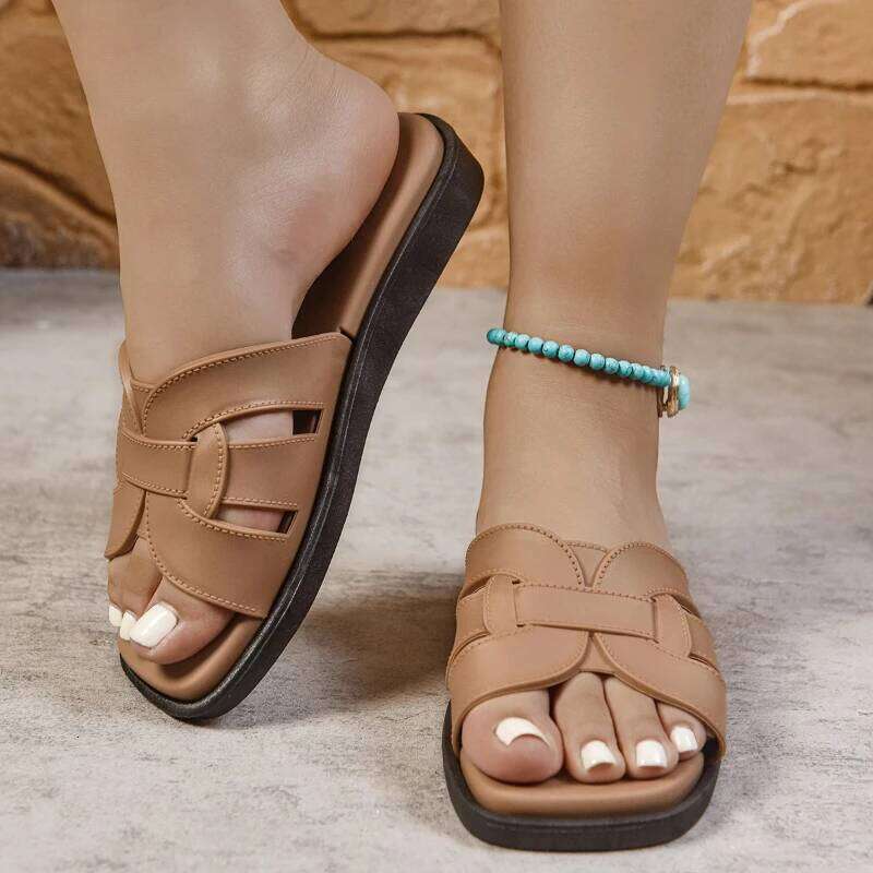 Basic Women Shoes Classic Slippers Fashion Outside Flat Low Heels Sweet Solid Brown Leather Slip on Summer Sandals