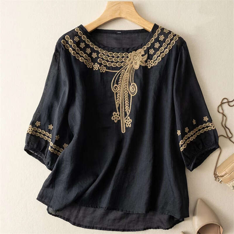 Women Summer Tops Tees Vintage Blouse Short Sleeve Shirt Ruffles Loose Casual Tees Literary Floral Embroidery Cotton And Linen Blous