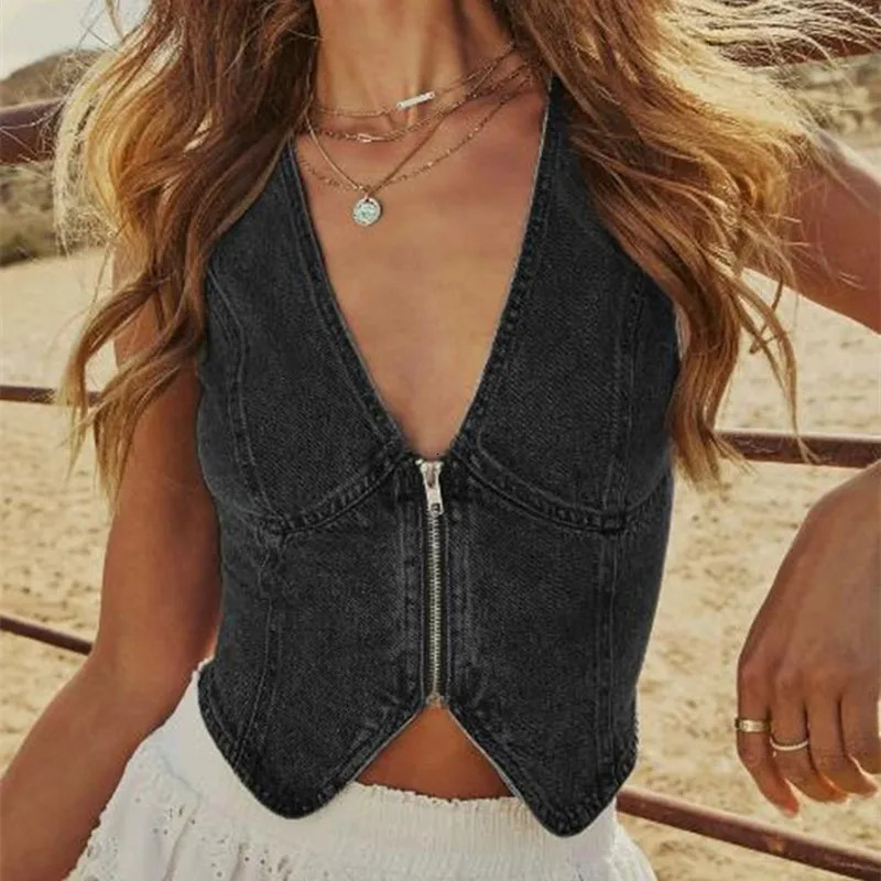 Denim Vests Women Coat V Neck Zipper Sleeveless Vest Top Sexy Coats Y2k Streetwear Tops Jackets Elegant Club Work Summer 260304