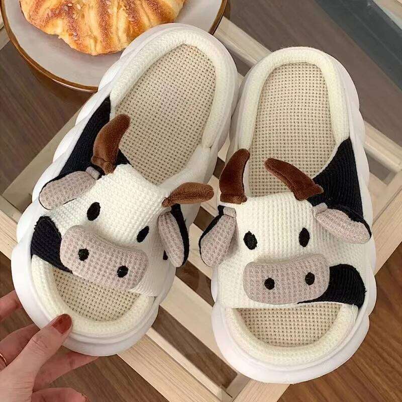 Litfun Winter Linen Soft Sole Indoor Cute Cartoon Pattern Home Slides Slip On Platform Women's Slippers