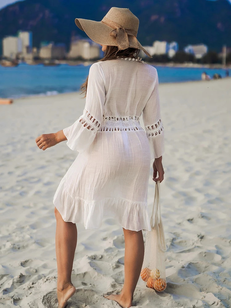 Summer Crochet Boho Beach Swimsuit Bikini Cover Up LaceUp Hairball Long Blouse Hollow Out OpenFront CoverUp Duster Kimono 260228