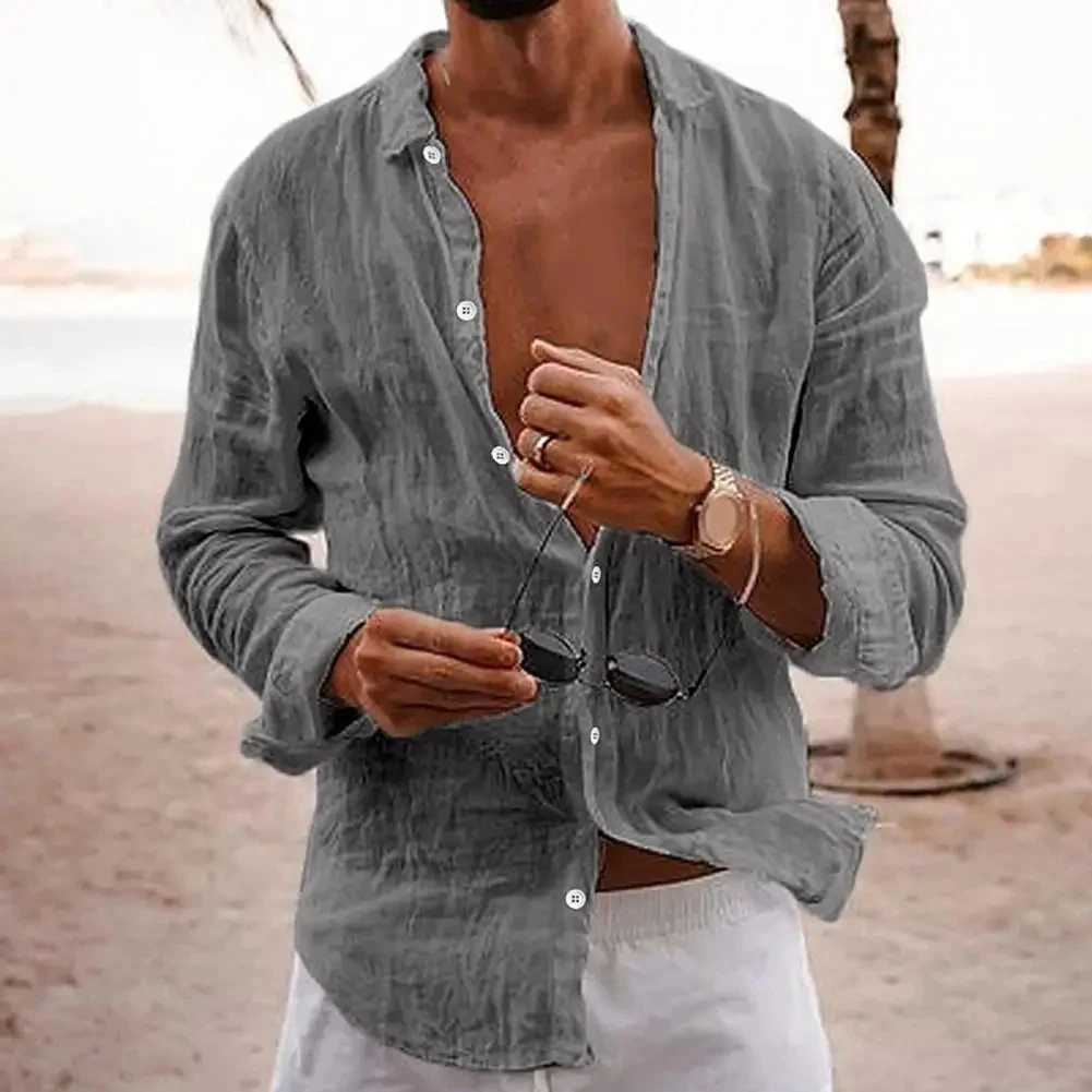 2026 Autumn Mens Single-breasted Lapel Shirt Cotton Linen Breathable Long Sleeve Thin Solid Color Casual Shirt M260305