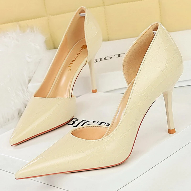 BIGTREE Shoes Women 8 Cm Patent Leather Women Pumps Pointed Side Hollow Retro High Heels Stilettos Sexy Party Shoes 43 260306