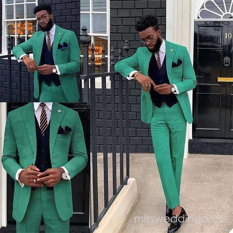 2 Pieces Green Suits Cotton Groom Tuxedos Lapel Modern Formal Men Coat+Pant Custom Made Party Suit Cheap