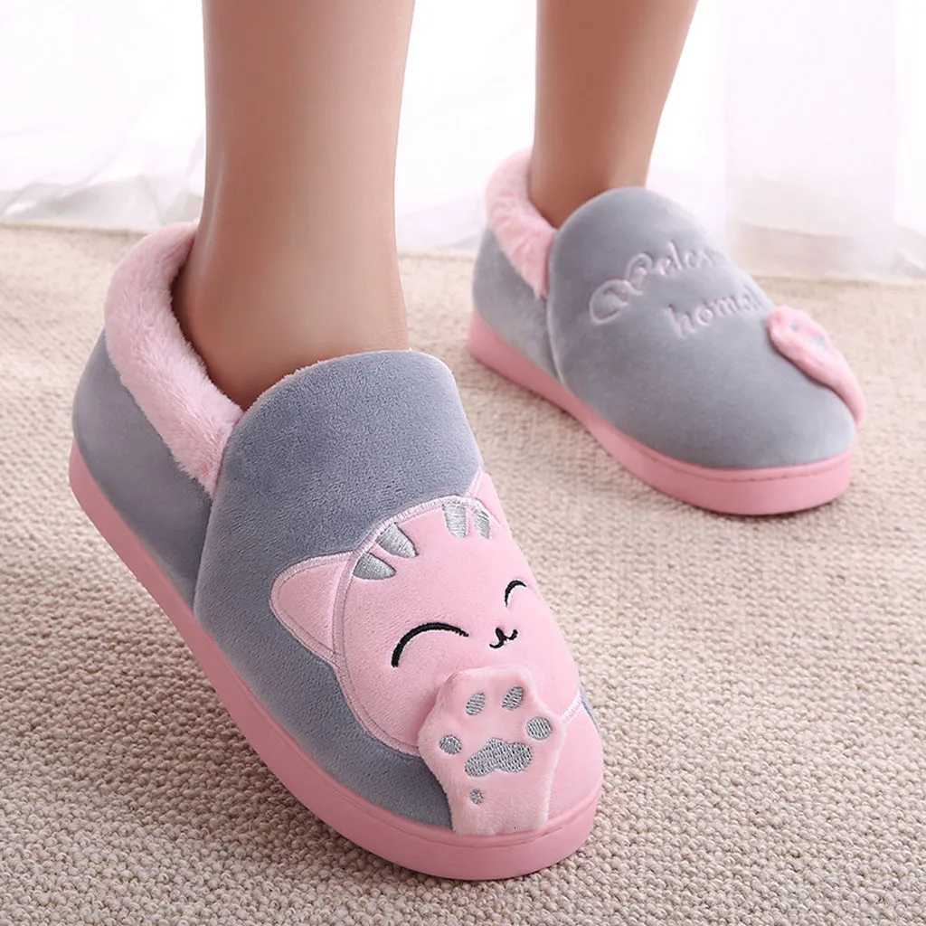Women Winter Home Slippers Cartoon Cat Non-Slip Warm Indoors Bedroom Floor Shoes Zapatos Mujer 2024 Tendencia S260305