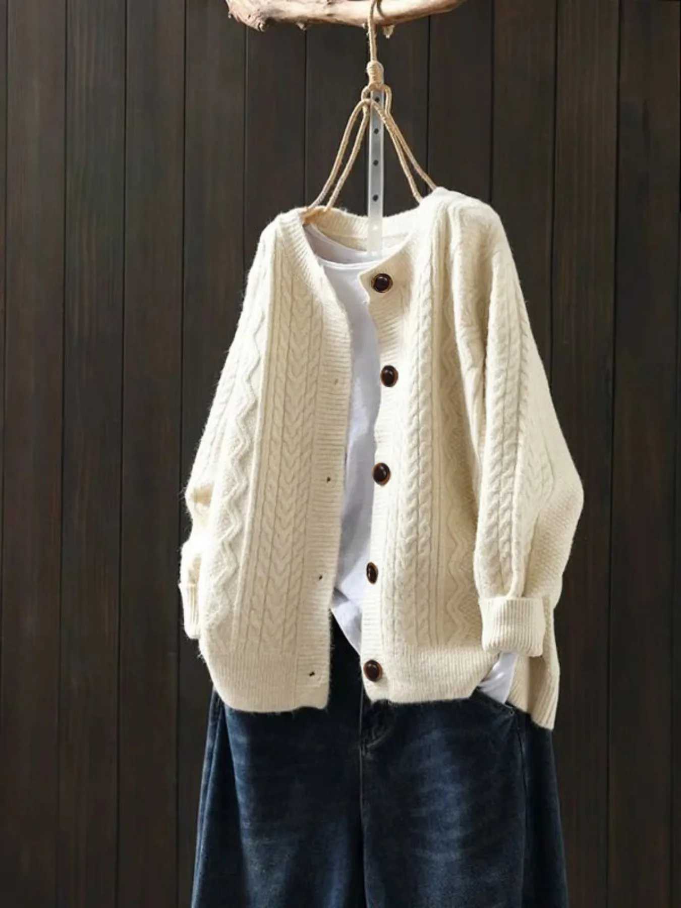 Womens Cable Knit Cardigan Oversized Button-Up Casual Sweater Coat M260306