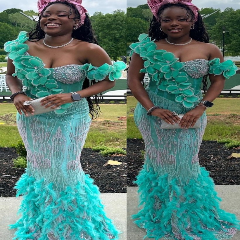 Aso Ebi Turquoise Prom Dress 2026 Mermaid Prom Dress Florals Feather Sequined Evening Dresses For Black Women Birthday Party Formal Receiption Gowns D