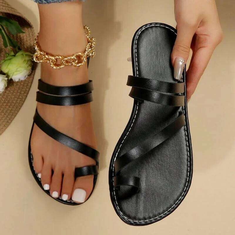2025 Summer Flat Heel Casual Simple Fashion Beach Slippers Women's PU Leather Belt Slip-On Gladiator Sandals