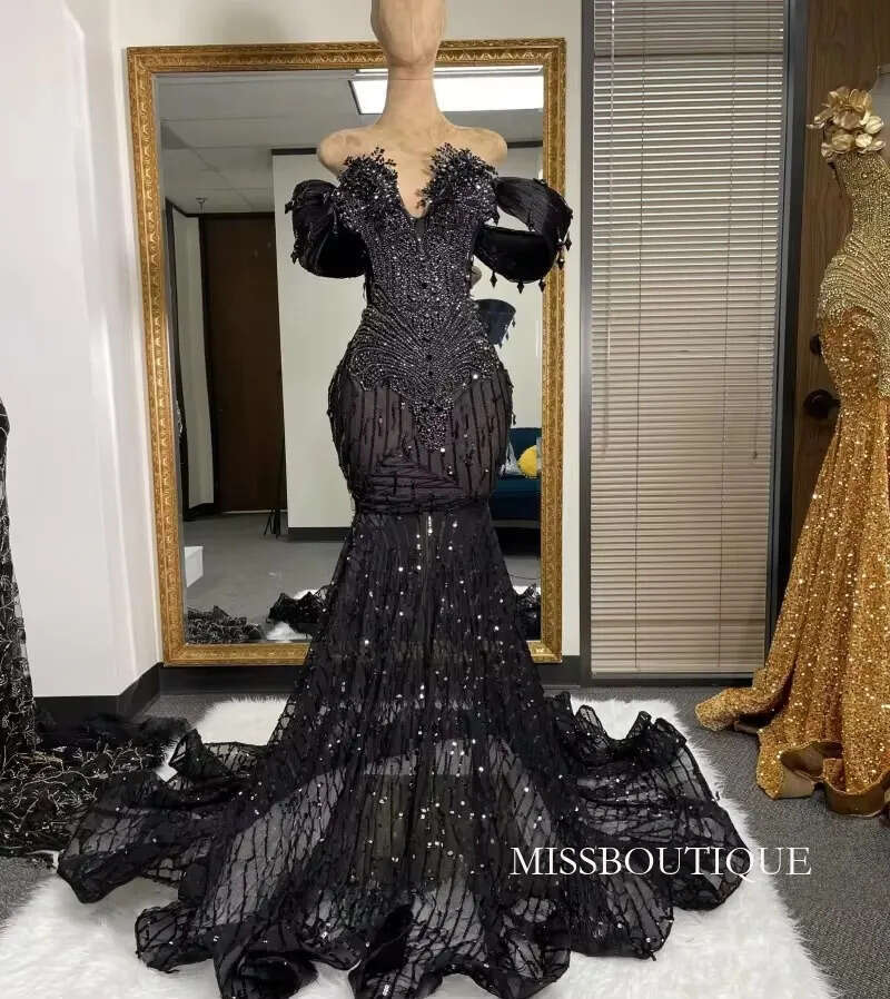 Black Prom Dresses For Girls 2026 Modern Beaded Sequins Mermaid Illusion Party Dress Evening Gowns Robes De Gala Customized D0306
