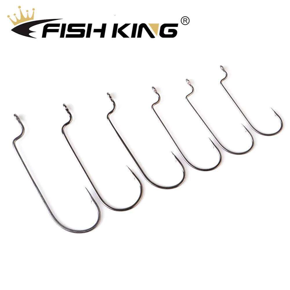 FISH KING Barbed Carp Fishing Hook Carbon Steel Crank Offset Fishhook for Soft Worm Lure Bass 6Pcs/Pack 3/0 #-3 # S260305