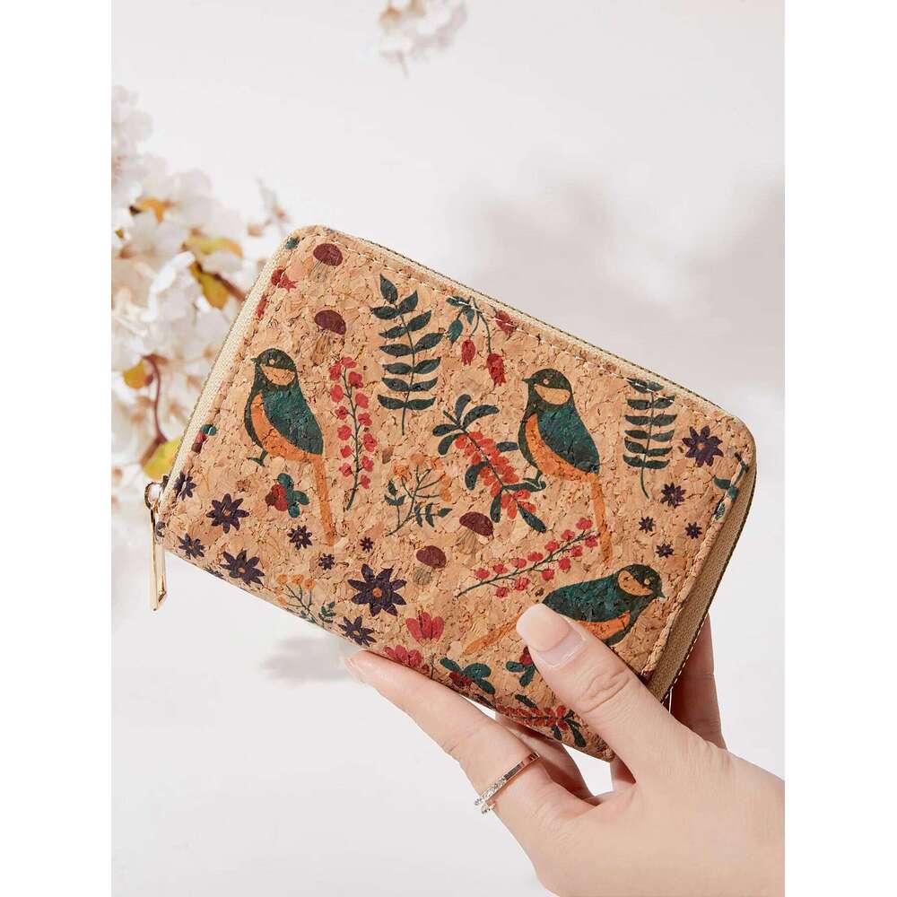 Retro Printed Short Zipper Portable PU Leather Bag Multi functional Slot Women's Card Set Zero Wallet C260304