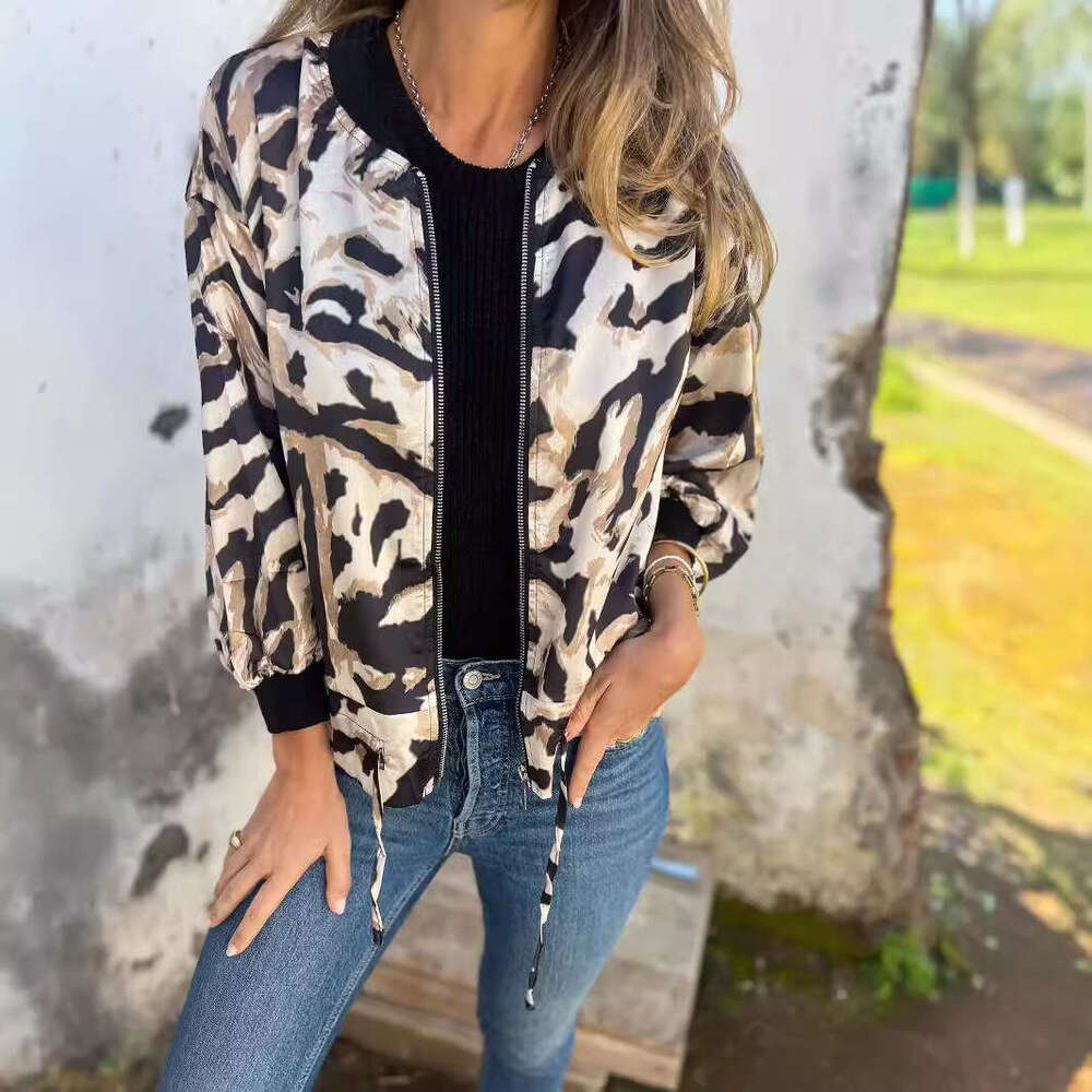 Women's Casual Tiger Print Bomber Jacket Autumn New Arrival Zip Up Long Sleeve Lightweight Outerwear Jacket For Women