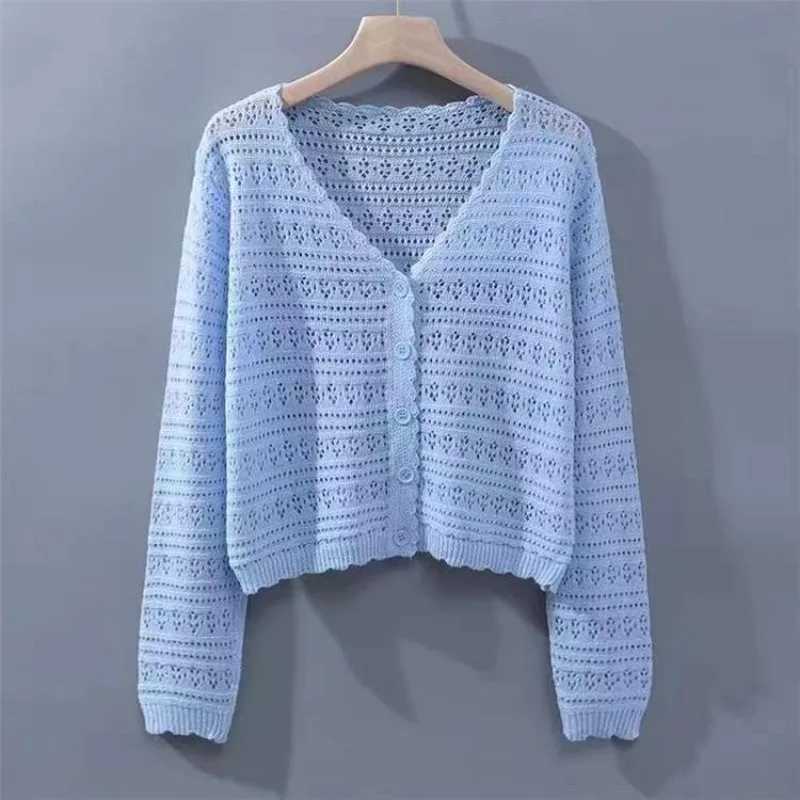 Spring Autumn Korean Style Loose V-neck Hollow Versatile Knitted Air-conditioning Shirt Thin Long-sleeved Ice Silk Cardigan Top M260306