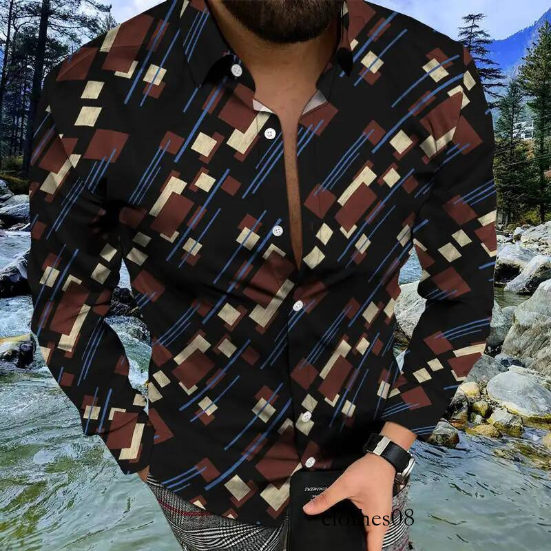 Autumn and Winter Men's Single Breasted Lapel Long Daily 3D Printing Luxury Retro Pattern Casual Button Cardigan Shirt