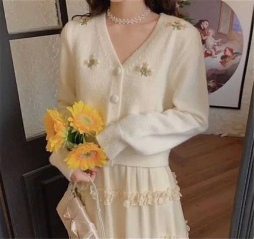 Fashion Sweaters Women Cardigan V-neck All-match Simple Ladies Knitwear Vintage Embroidery Sweet College Preppy Style Spring M260306