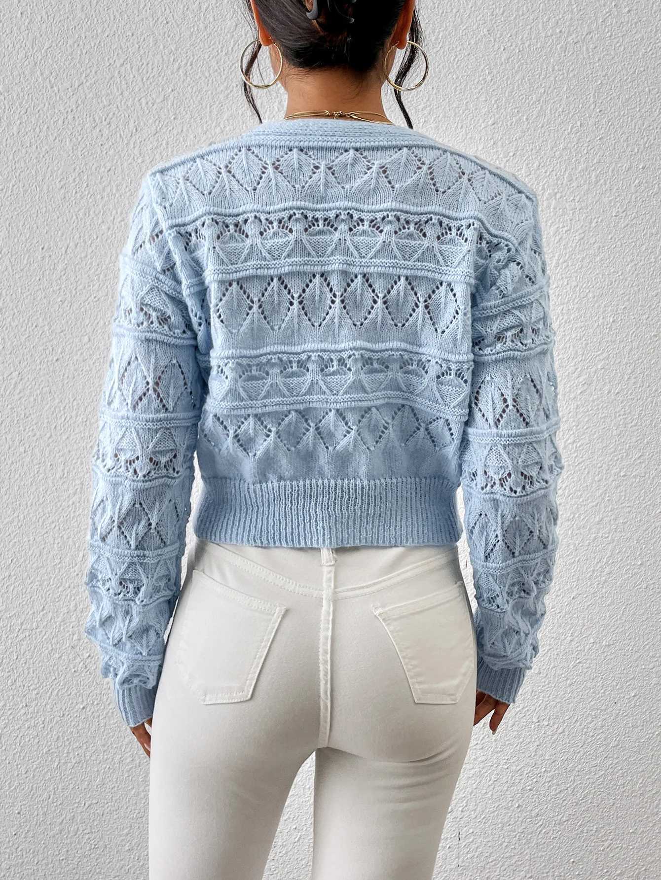 2026 New Autumn Women V-neck Knitwears Long Sleeve Knitted Sweaters Hollow Out Embroidery Single Breasted Short Cardigans Tops M260306