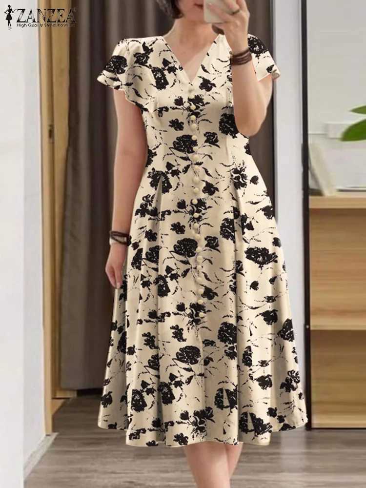 Women Elegant OL Work Floral Mid-calf Sundress ZANZEA Fashion Summer V Neck Short Sleeve Printed Dress Vintage Holiday Vestido X260306
