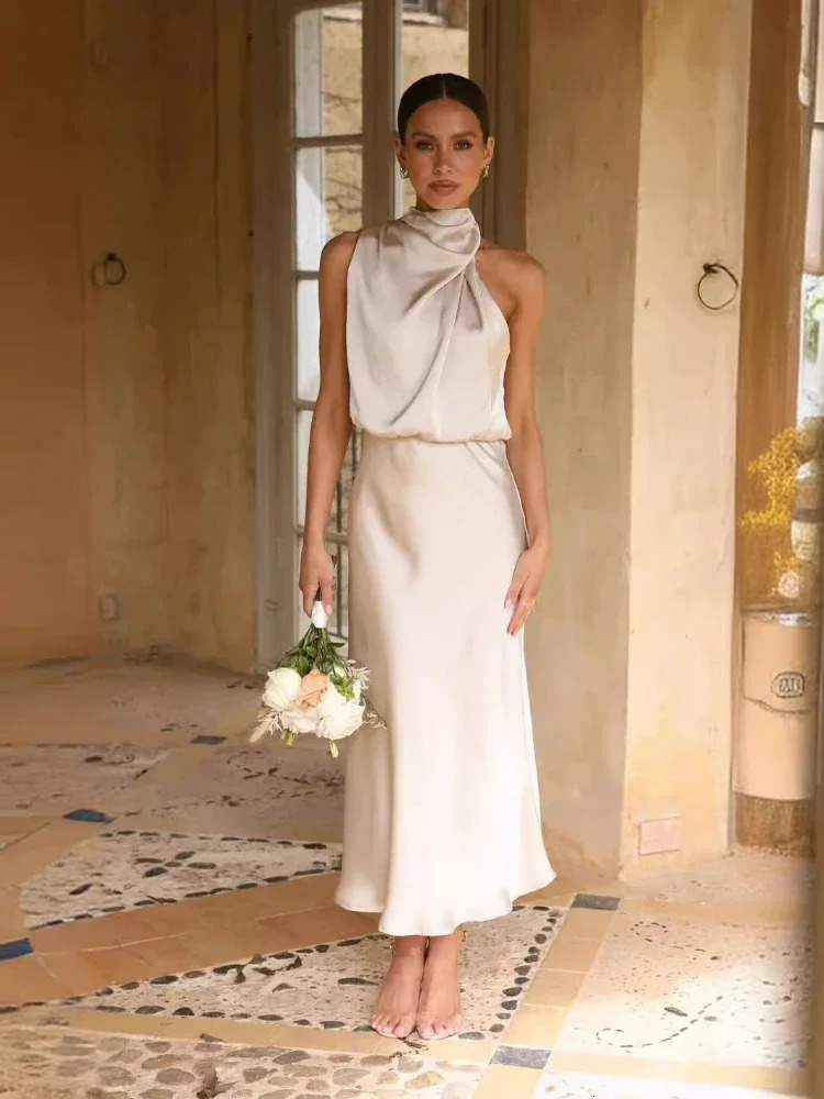 Summer Fashion Womens Elegant Banquet Style Solid Color Stacked Collar Sleeveless Sexy Party Long Dress 260302