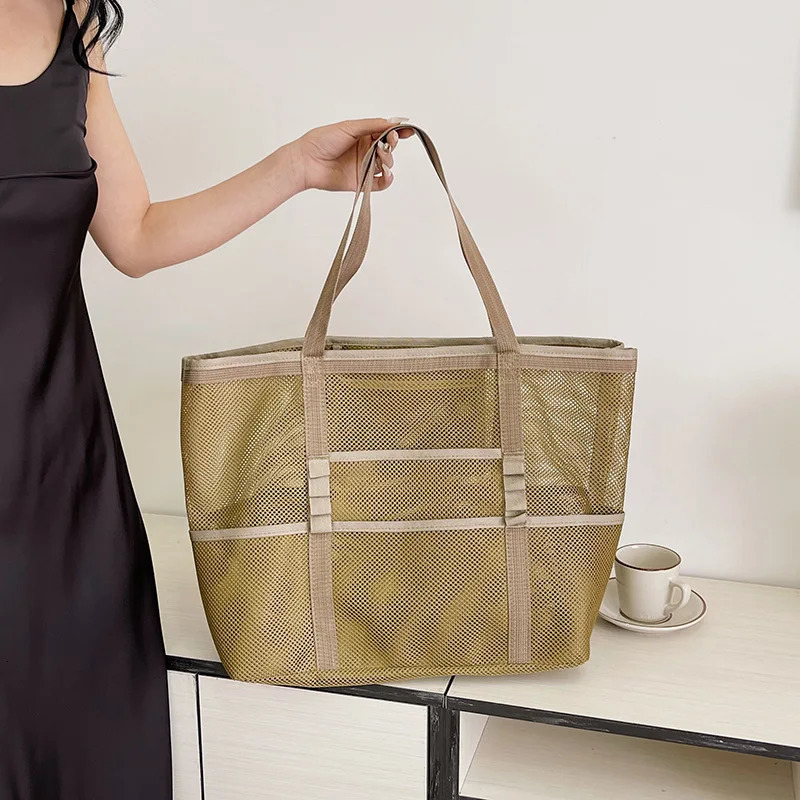 Large Capacity Canvas Beach bag Versatile Commuting Shopping Shoulder bag Lightweight Semi Transparent Mesh Hollow bag 260303